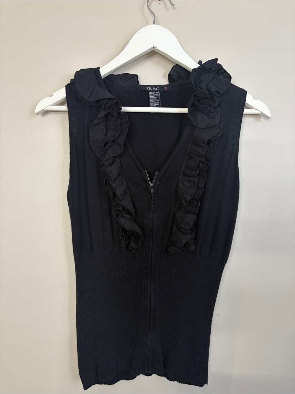 Y2K Trac Black Ruffle-Trim Zip Front Sleeveless Tank